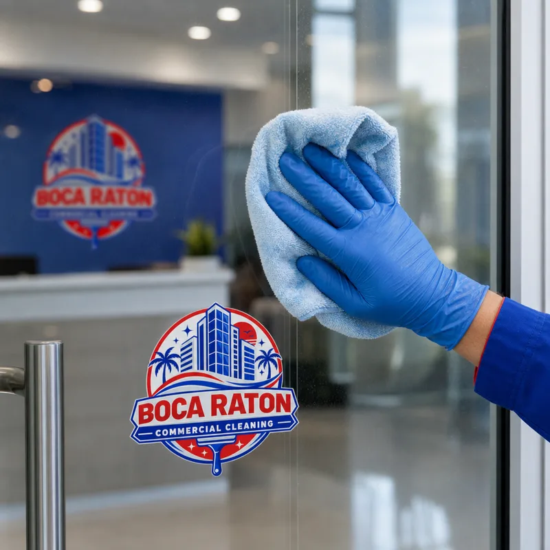 Microfiber cloth removing fingerprints from a glass office entry door
