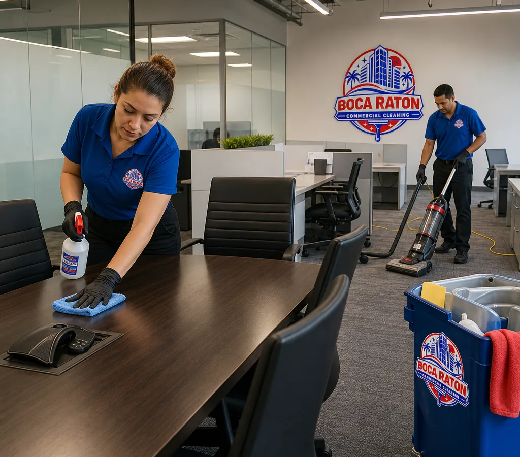 Professional cleaners wiping a conference table and vacuuming a Boca Raton office after hours