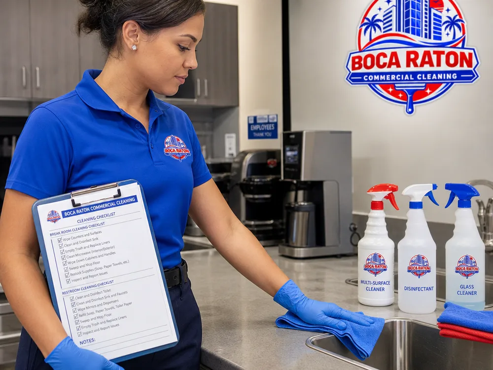 Cleaner wiping office break room counters beside labeled supplies and a checklist clipboard