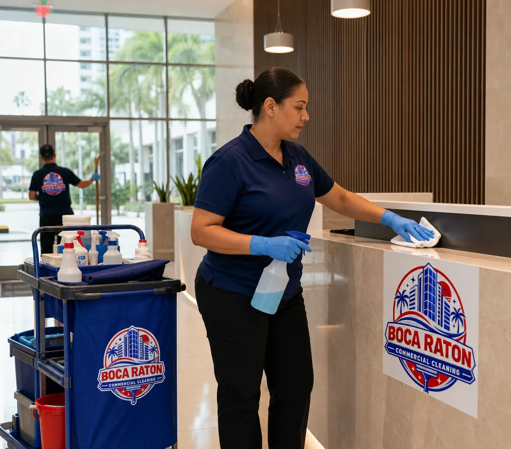 Uniformed cleaner sanitizing high-touch points in a modern Boca Raton commercial lobby