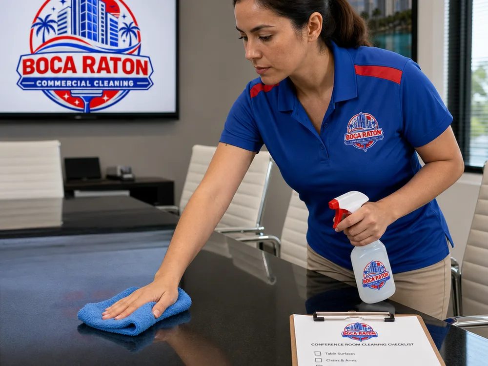 Cleaner detail-cleaning an office conference room with a checklist nearby