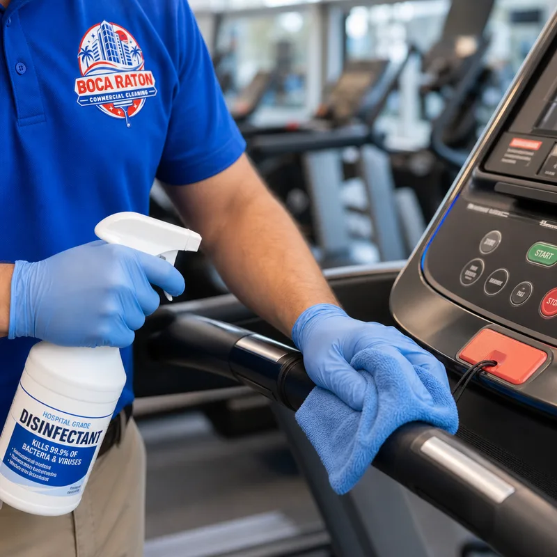 Gloved hands disinfecting treadmill buttons and handrails in a gym
