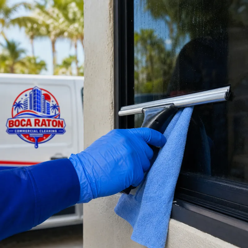Squeegee and microfiber cloth detailing the edge of a streak-free commercial window