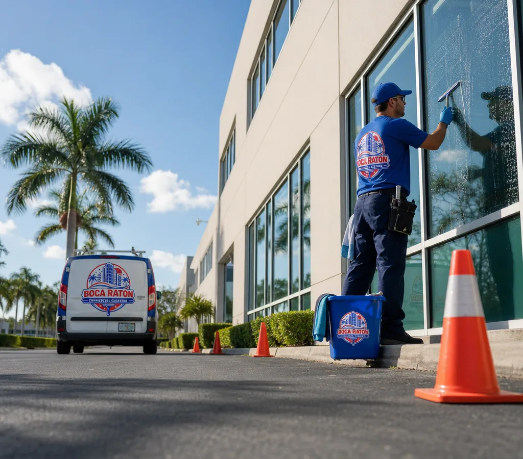 Technician cleaning large commercial exterior windows on a low-rise Boca Raton building with safety cones around the work area