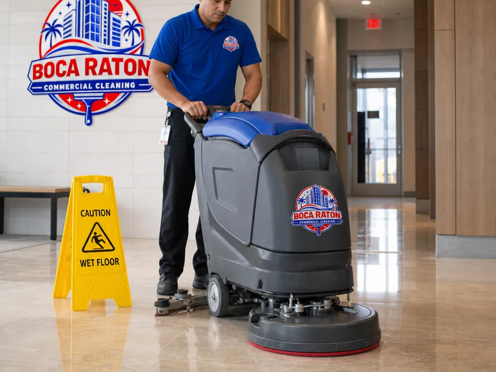 Technician operating a commercial floor scrubber with wet-floor signage in a polished corridor