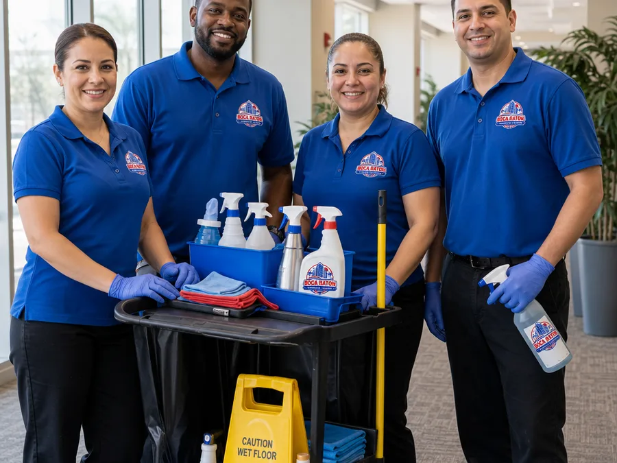 Professional commercial cleaning crew with a cleaning cart in a well-lit hallway